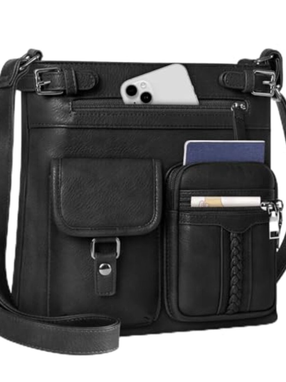 PU Leather Crossbody Bag Multi Pocket Adjustable Strap